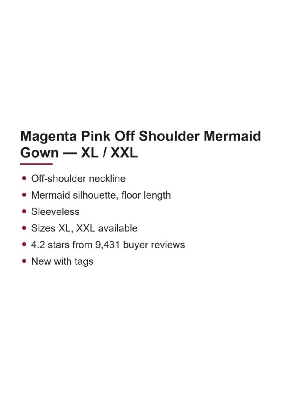 Magenta Pink Off Shoulder Mermaid Long Formal Evening Prom Party Gown Sz XL-XXL - Picture 5 of 5